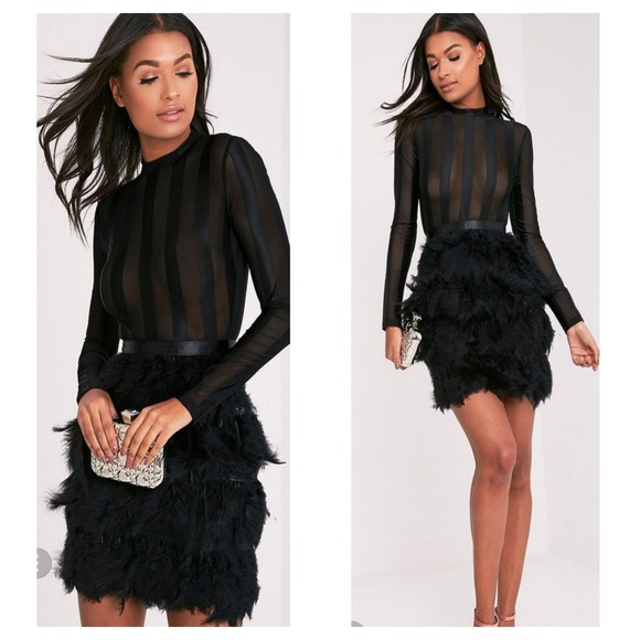 black feather skirt bodycon dress